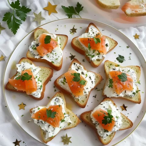 Petits toasts étoilés avec du fromage frais, une portion de saumon fumée et des herbes, joliment présentés sur une assiette ornée d’étoiles.