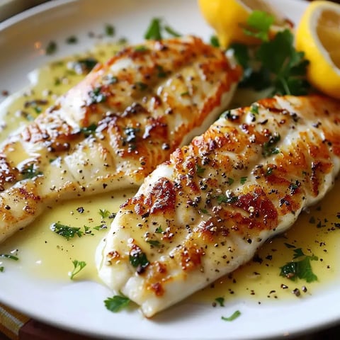 Deux filets de poisson grillés nappés de sauce au beurre citron, garnis de persil et accompagnés de quartiers de citron.