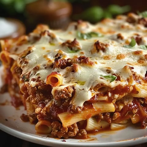 Un plat de pâtes gratinées, nappées de sauce tomate et garnies de viande hachée, prêt à être servi.