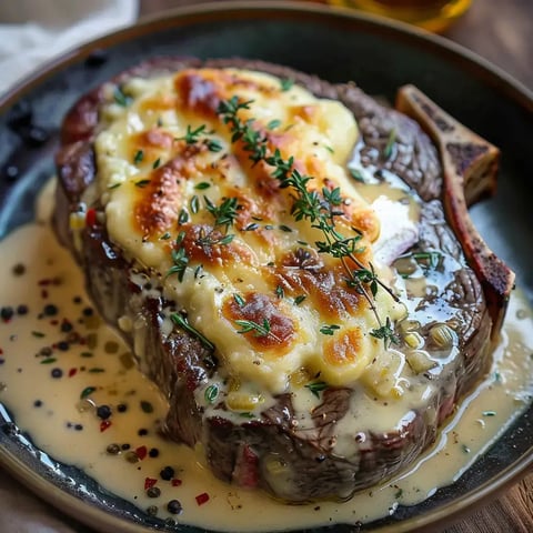 Une assiette contenant un steak tendre, enrobé de béchamel onctueuse et gratiné avec une touche de fromage doré.