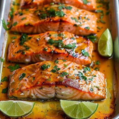 Saumon rôti accompagné de coriandre et de quartiers de citron vert.