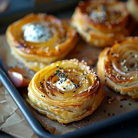 De petites bouchées feuilletées garnies d'oignons caramélisés, de fromage frais et saupoudrées de graines, disposées sur un plateau.