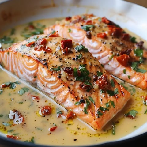 Deux filets de saumon cuits avec une sauce riche, garnis de tomates séchées et d'herbes fraîches.