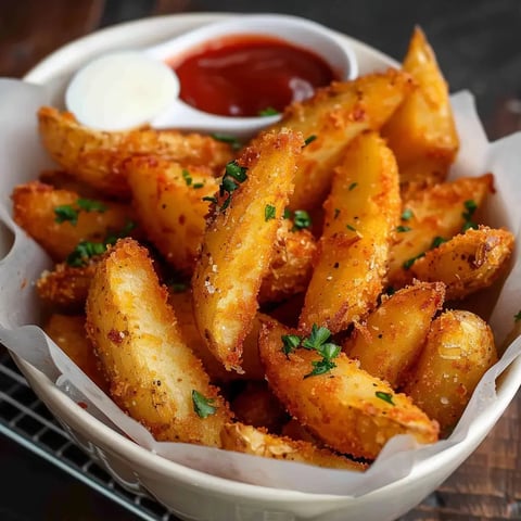 Quarts de pommes de terre frites et crousti, parsley saupoudré, servis avec sauces ketchup et blanche.
