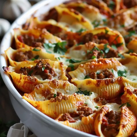 Un plat généreux de coquilles farcies, recouvertes de fromage coulant et sauce tomate, parsemé de persil frais.