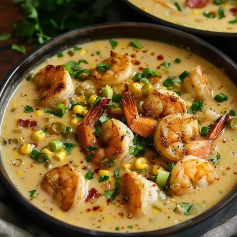 Une assiette remplie d'une soupe crémeuse aux crevettes avec du maïs, de la ciboule et des herbes fraîchement hachées.