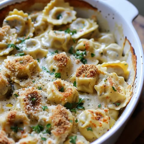 Un savoureux gratin de tortellini avec des artichauts et une sauce crémeuse, garni de chapelure dorée.