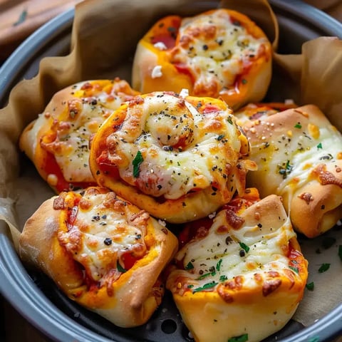Une assiette remplie de roulés fourrés d'une sauce tomate onctueuse et d’un fromage filant, et parsemés de herbes.
