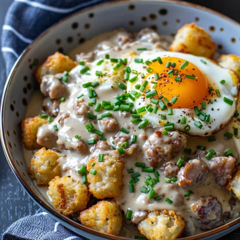 Un bol rempli de tater tots dorés, garni de viande hachée, de sauce crémeuse et d’un œuf au plat, décoré avec de la ciboulette.