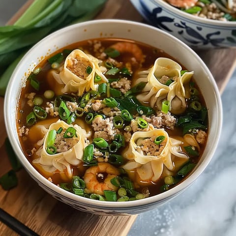 Un bol de soupe asiatique avec des raviolis faits maison, des crevettes et un peu de ciboulette.