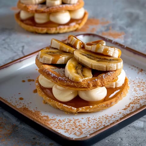 Une pâtisserie gourmande avec des biscuits croquants, de la crème légère, du caramel et des rondelles de banane, servie sur une belle assiette.