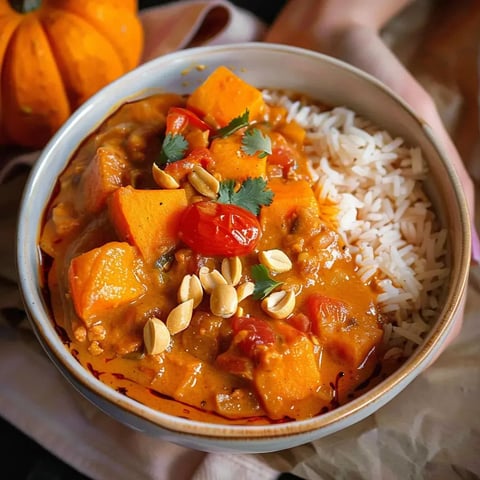 Un plat généreux de curry au potimarron servi avec du riz blanc, une touche de coriandre, des cacahuètes et des tomates cerises, posé à côté d'une petite courge.