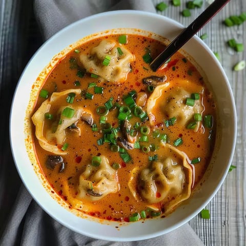 Un délicieux bol de soupe au curry accompagnée de raviolis, d’oignons verts et de champignons dans un bouillon crémeux.
