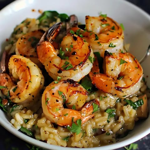 Risotto crémeux garni de crevettes grillées et de persil frais en décoration.