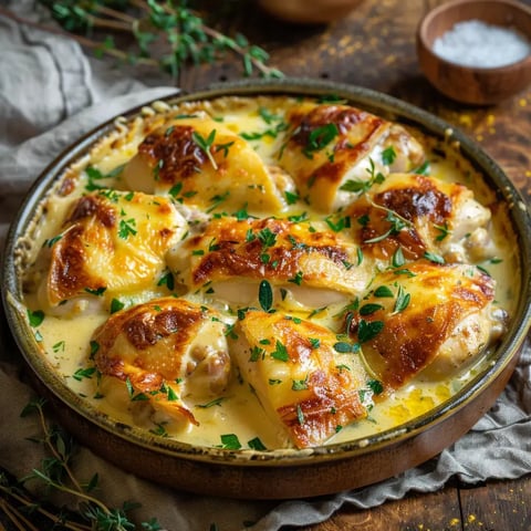 Un plat savoureux de poulet gratiné, baigné de sauce crémeuse et garni de fromage fondu, prêt à servir.