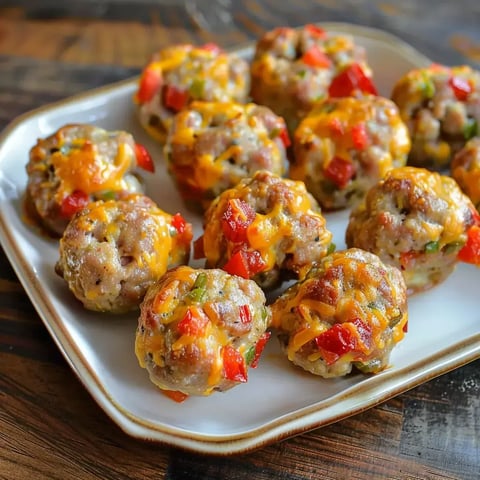 Des boulettes bien dorées au fromage et saucisse épicée sur une assiette.