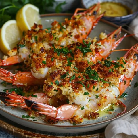 Gambas farcies dorées au four, décorées de persil et accompagnées de rondelles de citron.