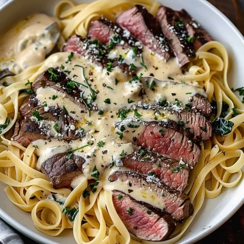 Assiette remplie de fettuccine avec des bouts de steak fondant, le tout enrobé d'une sauce crémeuse et décoré de basilic frais.