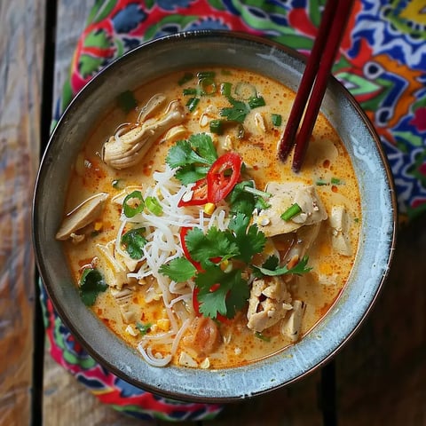 Une soupe onctueuse avec des morceaux de poulet, nouilles, herbes fraîches et piments rouges dans un bol, posée sur une table vive.