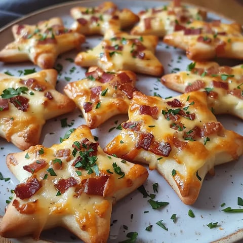 Étoiles de pâte dorée garnies de crème et bacon, rehaussées d'une touche de persil.