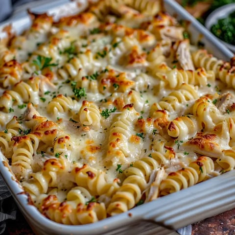 Un gratin avec une belle croûte de fromage doré au-dessus de pâtes et de poulet, garni d'un peu de persil.