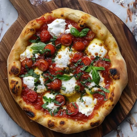 Une pizza maison avec des tomates confites, du basilic frais, de la burrata onctueuse et une pincée d'huile d'olive, servie sur une planche de bois.