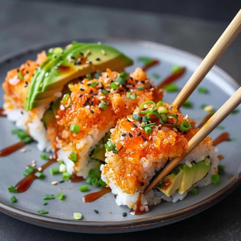 Un riz grillé garni de saumon, avocat et de ciboulette, joliment disposé sur une assiette élégante.