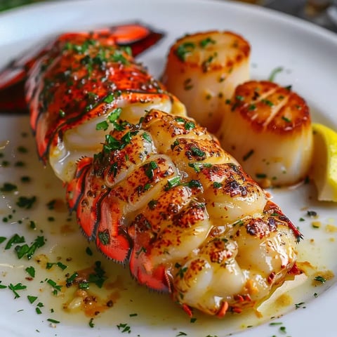 Un homard préparé avec soin et des noix de Saint-Jacques, accompagnés de tranches de citron et de persil frais.