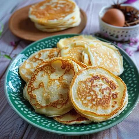 Des pancakes dorés sur une assiette, à côté d'un œuf et d'assaisonnements, sur une table en bois.