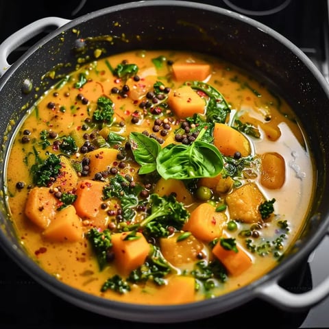 Un bol rempli d’un curry crémeux aux patates douces, pois chiches et chou vert.