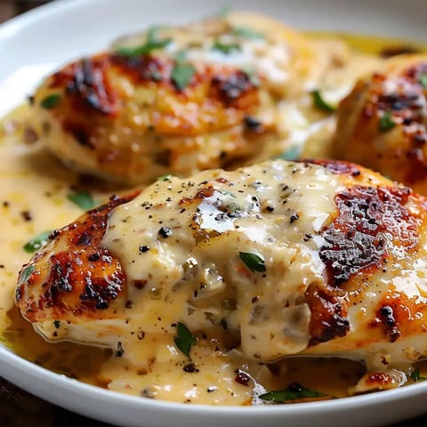 Un poulet crémeux avec une sauce dorée et des touches d'herbes fraîches.