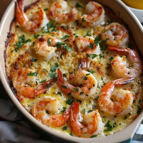 Des crevettes au four, bien dorées, saupoudrées de chapelure croquante et de persil.