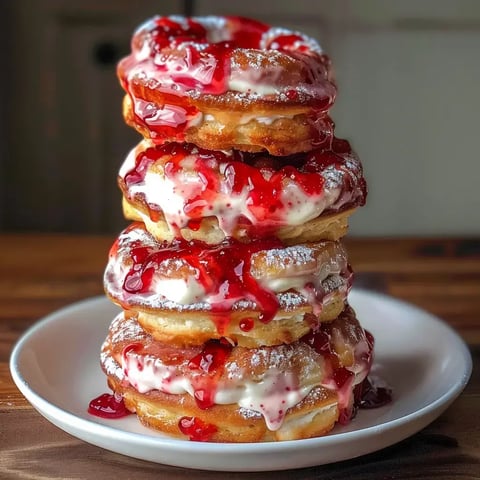 Pile de beignets dorés remplis de crème fromageuse et nappés de confiture rouge, saupoudrés de sucre.