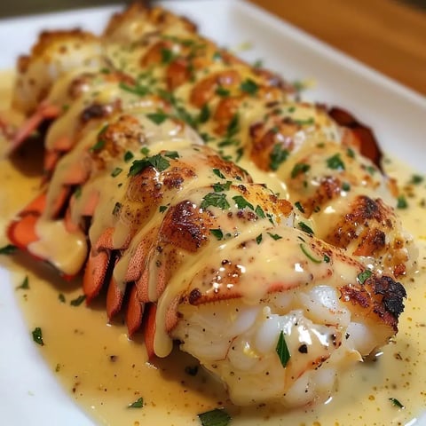 Photo montrant des queues de homard grillées nappées de sauce onctueuse et saupoudrées de persil haché.