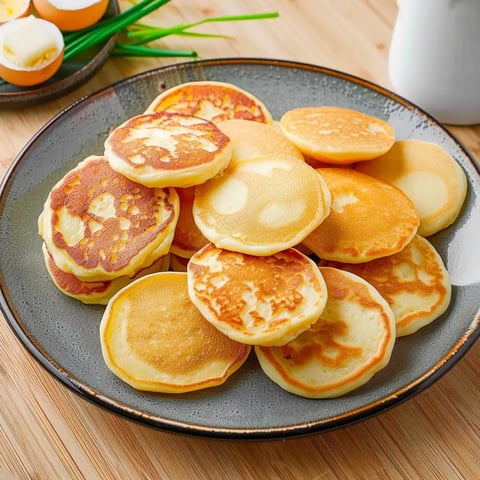 Sur une table en bois repose une assiette remplie de pancakes moelleux.
