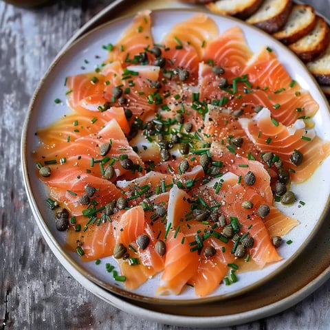 Assiette élégante de saumon fumé tranché avec des câpres et ciboulette, accompagné de pain grillé.