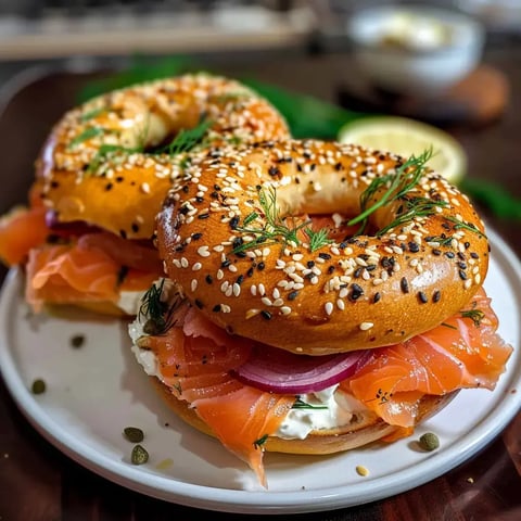 Bagels garnis de saumon fumé, fromage frais et verdure servis dans une assiette blanche.