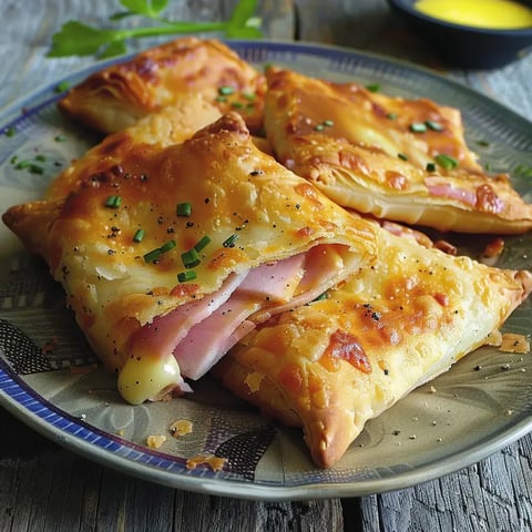 Assiette garnie de triangles dorés au jambon et fromage, décorée avec de la ciboulette.