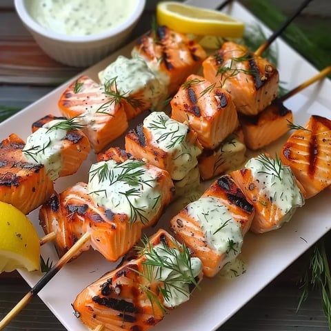 Brochettes de saumon dorées au barbecue avec sauce crémeuse à l'aneth et rondelles de citron en accompagnement.