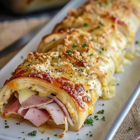 Un roulé gourmand garni de jambon et fromage, gratiné et décoré de persil, servi chaud sur une assiette.
