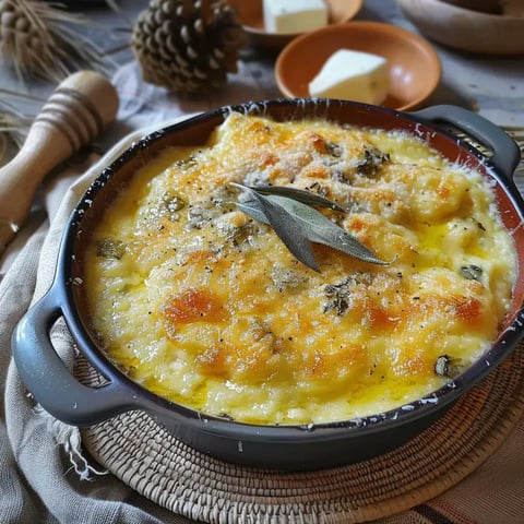 Polenta gratinée au gorgonzola dans un plat rustique avec salade fraîche.