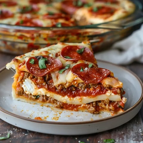 Une tarte multicouches garnie de pepperoni, fromage fondant et viande hachée, avec un plat similaire visible à l’arrière.