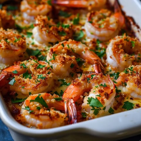 Crevettes dorées au four avec persil et chapelure.
