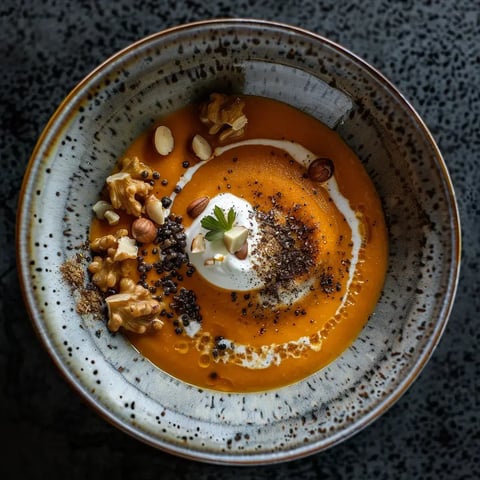 Une soupe orange crémeuse, ornée de noix, épices et crème, présentée dans un bol élégant.