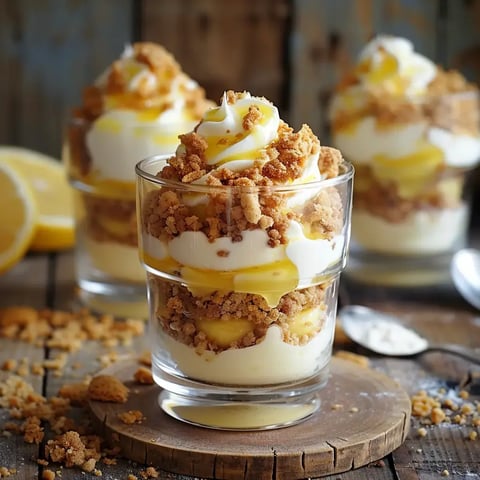 Des verrines de dessert citron et mascarpone, décorées de crumble, posées sur une table rustique.