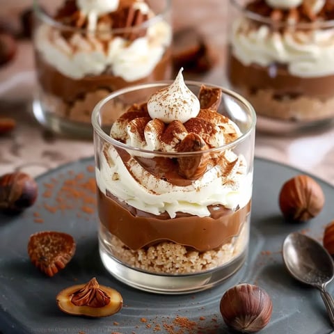 Un délicieux dessert en couches : crème de marrons, mascarpone et éclats de biscuits, fini avec une touche gourmande.