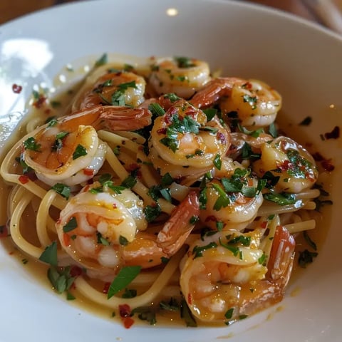 Un plat de crevettes avec des pâtes, garni de persil et de piments en flocons.