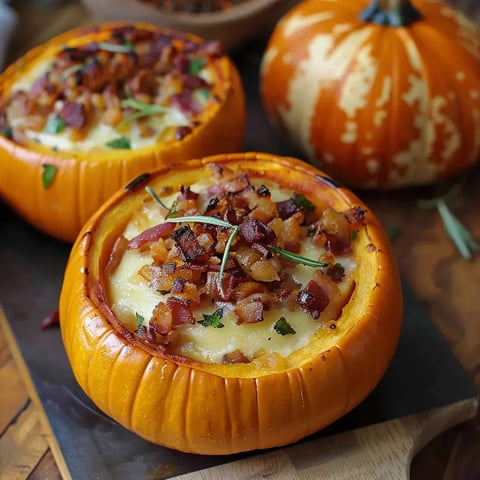Deux potimarrons garnis de purée, lardons croustillants et herbes fraîches sur une planche en bois.