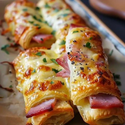 Feuilletés garnis de fromage fondu et jambon, dorés et délicieux, décorés de persil.