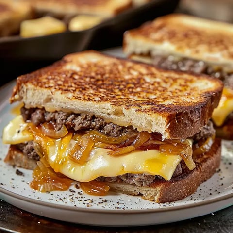 Sandwich grillé avec viande, oignons dorés et fromage filant.